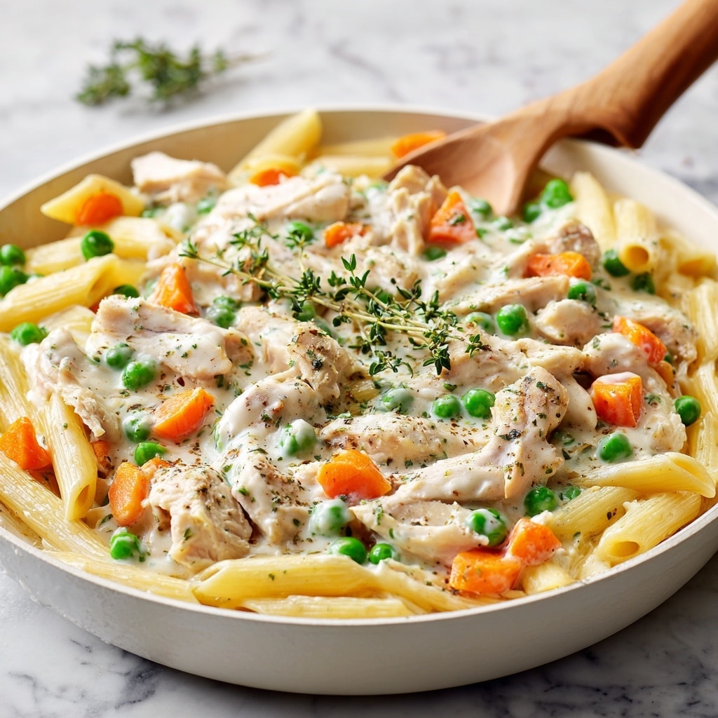 The image shows a white skillet filled with creamy chicken pasta. The dish has about three layers: the base is penne pasta with a soft yellow color and smooth texture; the middle layer is tender, sliced chicken pieces that are light beige with slight browning, mixed evenly with bright green peas and sliced orange carrots; the top layer is a creamy white sauce with herbs sprinkled all over, topped with a small sprig of fresh green thyme in the center. The skillet is set on a white marbled surface with a wooden spoon inside. Photo taken with an iphone --ar 4:5 --v 7