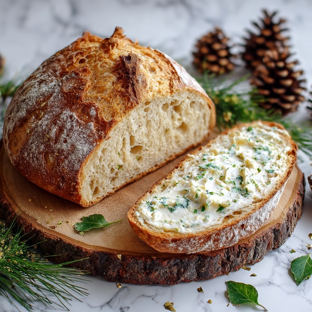 A rustic loaf of bread with a rough, golden-brown crust sits on a round wooden board. The bread has been sliced, showing an inside with two visible layers full of small green herb bits and melted orange cheese pieces scattered throughout. The texture of the crumb looks soft and slightly spongy. Around the loaf, there are green pine branches and brown pine cones, all on a white marbled surface with a dark, blurred background. Photo taken with an iphone --ar 4:5 --v 7
