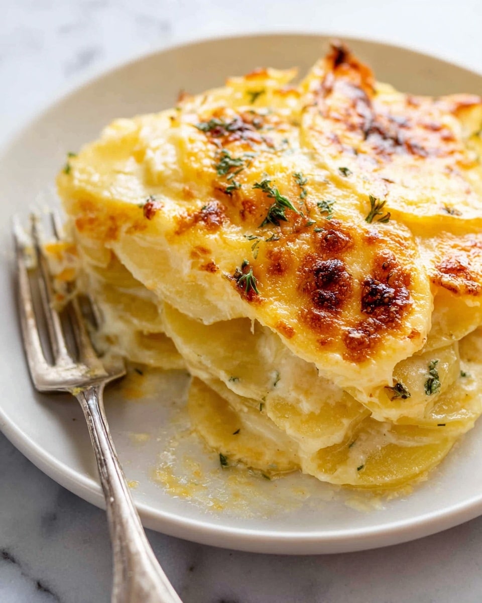 The image shows a close-up of a creamy, layered potato gratin served on a white plate, placed on a white marbled surface. It has several thin layers of pale yellow potatoes visible through a thick, bubbling, golden-brown cheese crust on top. The cheese layer has a slightly crispy texture with browned spots and small green herbs sprinkled on it. A silver fork rests on the left side of the plate, partially touching the gratin. The dish looks soft, rich, and cheesy, with small flecks of herbs throughout the layers. Photo taken with an iphone --ar 4:5 --v 7