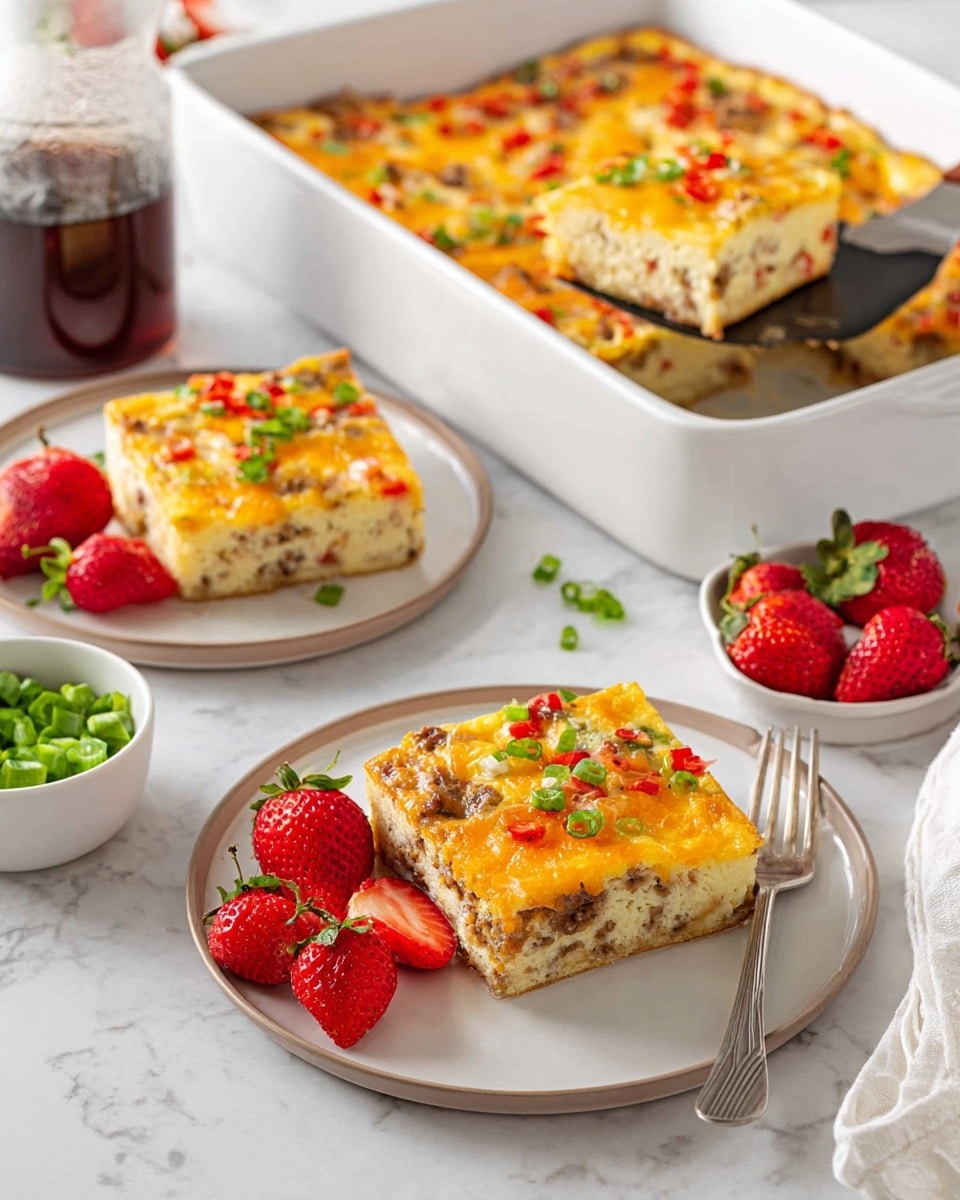 A baked casserole cut into square slices shows three distinct layers: a bottom layer of pale, slightly browned egg mixture, a middle layer of light brown cooked sausage mixed with bits of red pepper, and a top layer of melted golden-orange cheddar cheese sprinkled with green chopped scallions. Each slice is placed on a white plate next to fresh red strawberries, some whole and some sliced in half. In the background, the larger white baking dish holds the remaining casserole with one piece being lifted by a spatula. A small white bowl filled with more green scallions and a glass coffee pot are also on a white marbled surface, creating a bright and fresh setting. Photo taken with an iphone --ar 4:5 --v 7