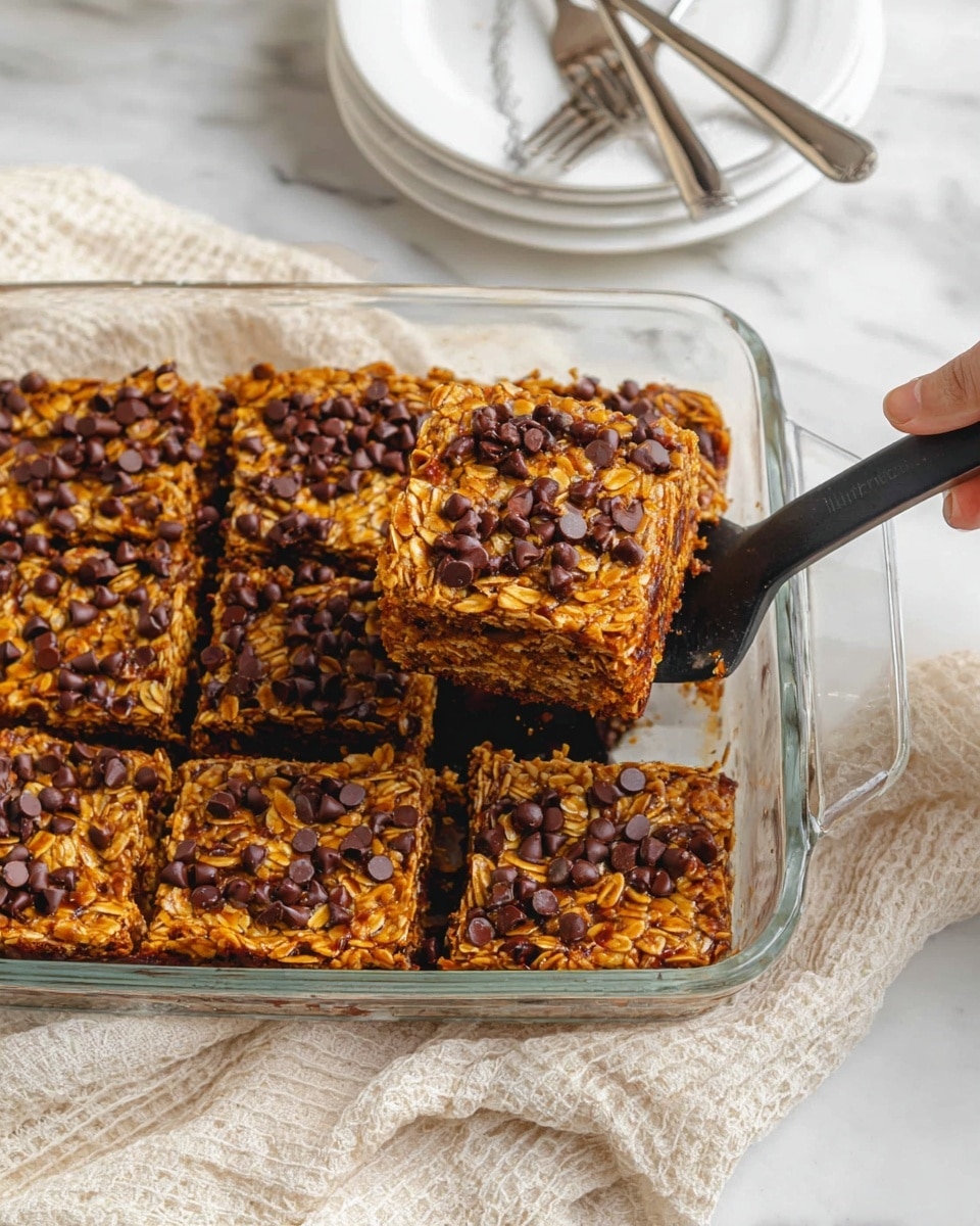 A square piece of baked oatmeal with chocolate chips mixed throughout, showing a textured, golden brown top layer with visible oats and dark chocolate spots. On top, a dollop of white creamy yogurt is placed in the center, slightly melting, with a few chocolate chips scattered on it. The oatmeal piece sits centered on a simple white plate. The background shows a white marbled surface with some oatmeal flakes and chocolate chips scattered around, and a glass baking dish filled with more oatmeal is partially visible to the side. Photo taken with an iphone --ar 4:5 --v 7