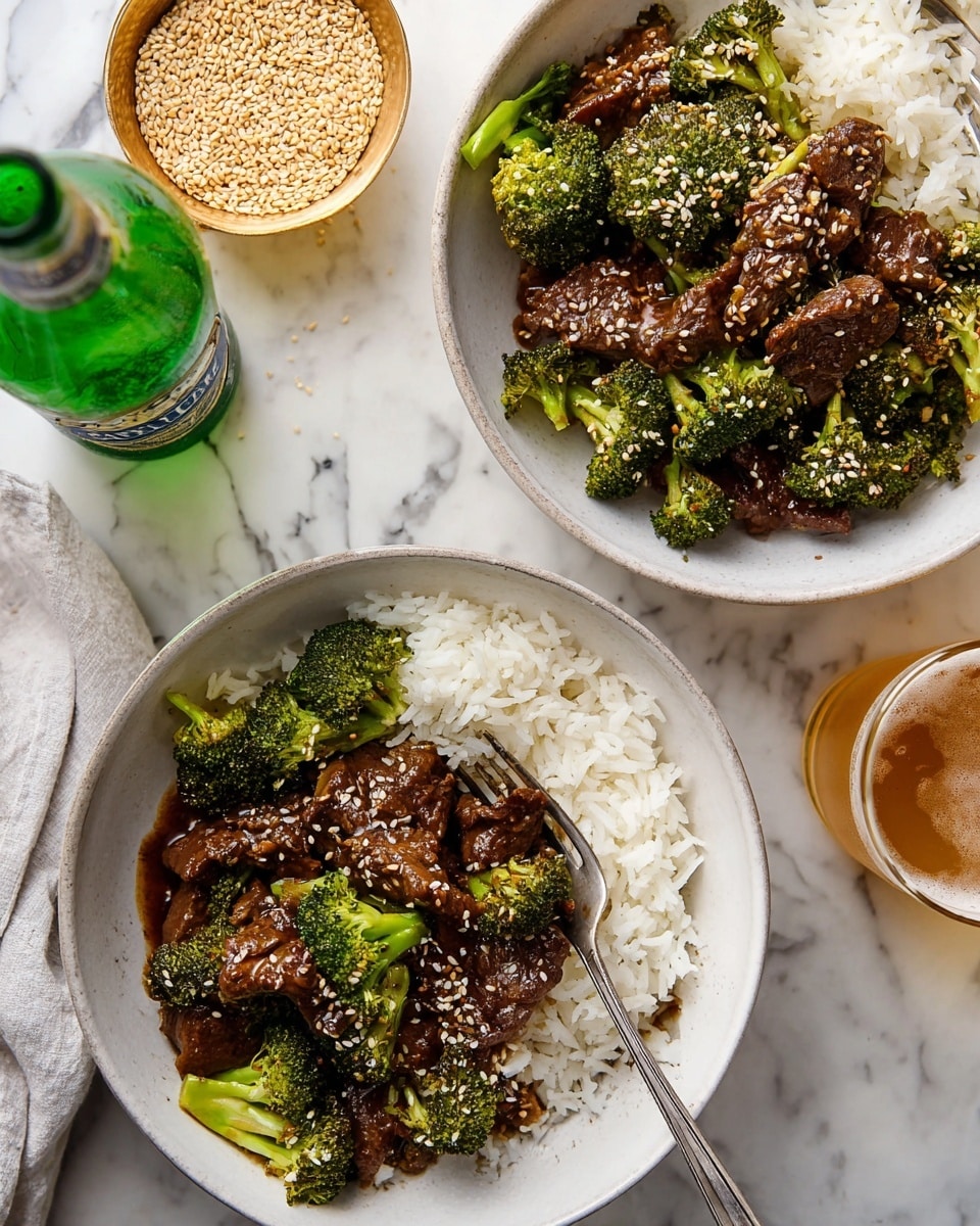 Two white bowls sit on a white marbled surface, each filled with three layers of food. The bottom layer is white cooked rice, soft and fluffy, filling half of each bowl. On top, the second layer shows green broccoli florets with bright, fresh texture. The top layer is made of dark brown beef pieces coated in a glossy sauce, sprinkled evenly with light brown sesame seeds. Each bowl has a silver fork resting on the edge, catching some broccoli and meat. Around the bowls, there is a glass bowl filled with sesame seeds, a glass of golden beer with bubbles, and a green beer bottle. Photo taken with an iphone --ar 4:5 --v 7