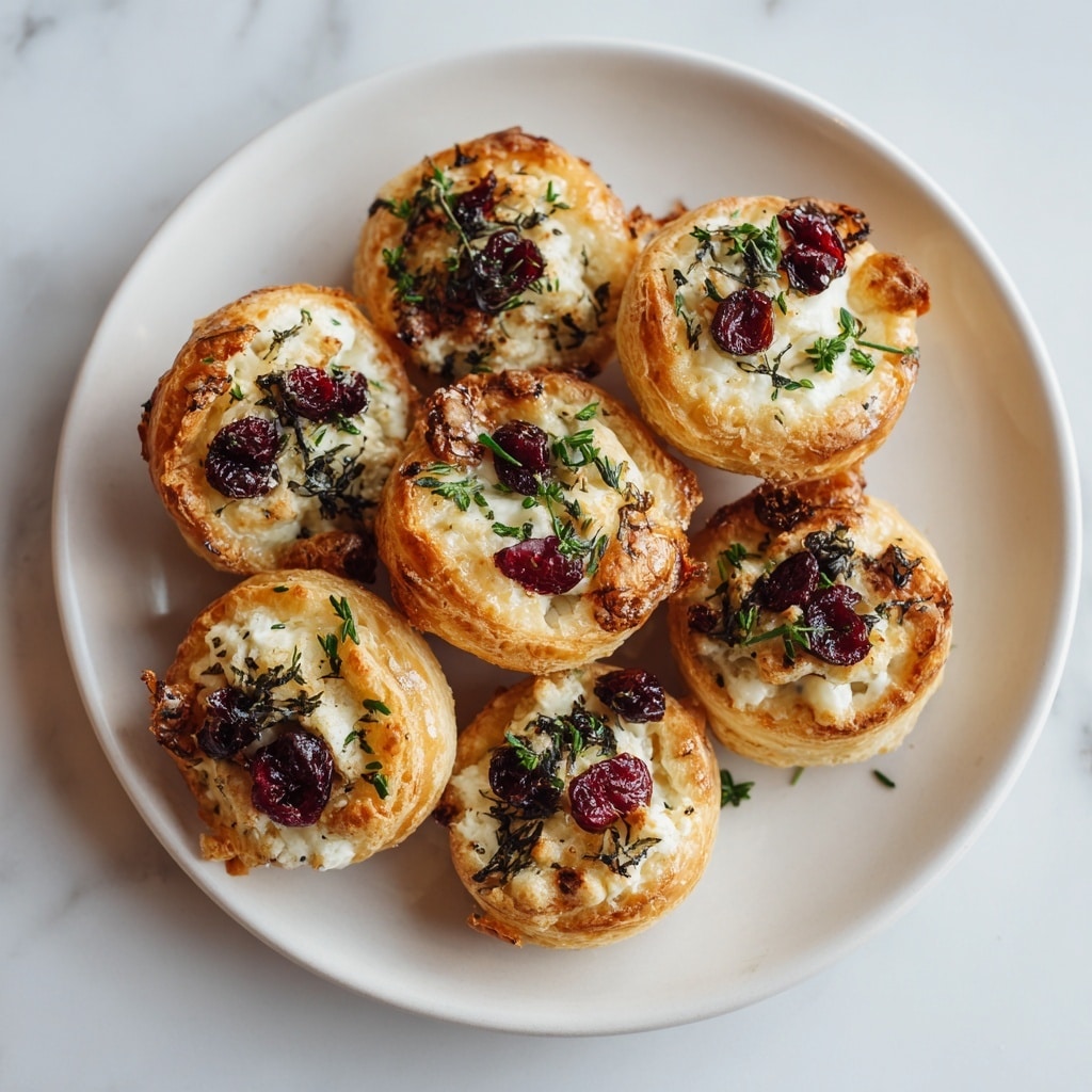 The image shows four round pastry cups on a white marbled surface, each cup has a golden-brown crust with a crispy texture and slightly raised edges. Inside each cup, there is a layer of dark red beet filling, topped with small white crumbled cheese pieces and green herbs scattered on top. The pastries are arranged close together on a white plate, with some small sprigs of fresh green herbs nearby. The lighting highlights the crispiness and vivid colors of the toppings. photo taken with an iphone --ar 4:5 --v 7