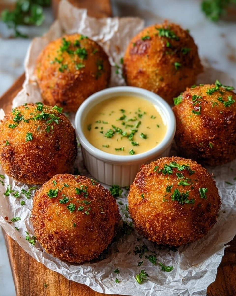 The image shows six golden brown, crispy, round fried balls arranged on crumpled white parchment paper atop a wooden board, each ball slightly textured with a crunchy coating and sprinkled with small pieces of fresh green parsley on top. In the center of the plate, there is a small white ramekin filled with a creamy light yellow sauce, also garnished with finely chopped parsley. The crispy balls have varied darker and lighter spots, emphasizing their crunchiness and appetizing appearance. Some parsley pieces are scattered around the balls adding color and freshness. The background is a white marbled texture. photo taken with an iphone --ar 4:5 --v 7