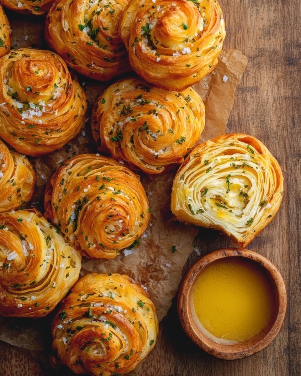 The image shows several golden brown spiral-shaped pastries arranged on a wooden surface, with one pastry cut in half to reveal many thin, flaky inner layers with a soft orange color. Each pastry has a swirled top with light and darker golden tones and is sprinkled with small green herbs and coarse salt crystals. Near the pastries, there is a small wooden bowl filled with melted butter, adding a smooth yellow contrast to the rough texture of the pastries. The overall scene has a warm and rustic feel. photo taken with an iphone --ar 4:5 --v 7