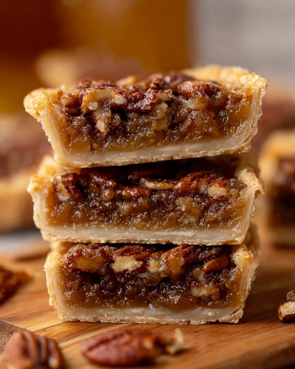 The image shows a stack of mini pecan pies on a white plate with a decorative edge. Each pie has two visible layers: a light golden brown crust that forms a shallow cup, and a glossy, rich brown filling studded with large, uneven pieces of toasted pecans on top. The pies look soft and gooey in the middle with a slightly shiny surface. A gray cloth and a silver fork are partially visible in the background on a white marbled texture, and a few whole pecans lie nearby. photo taken with an iphone --ar 4:5 --v 7