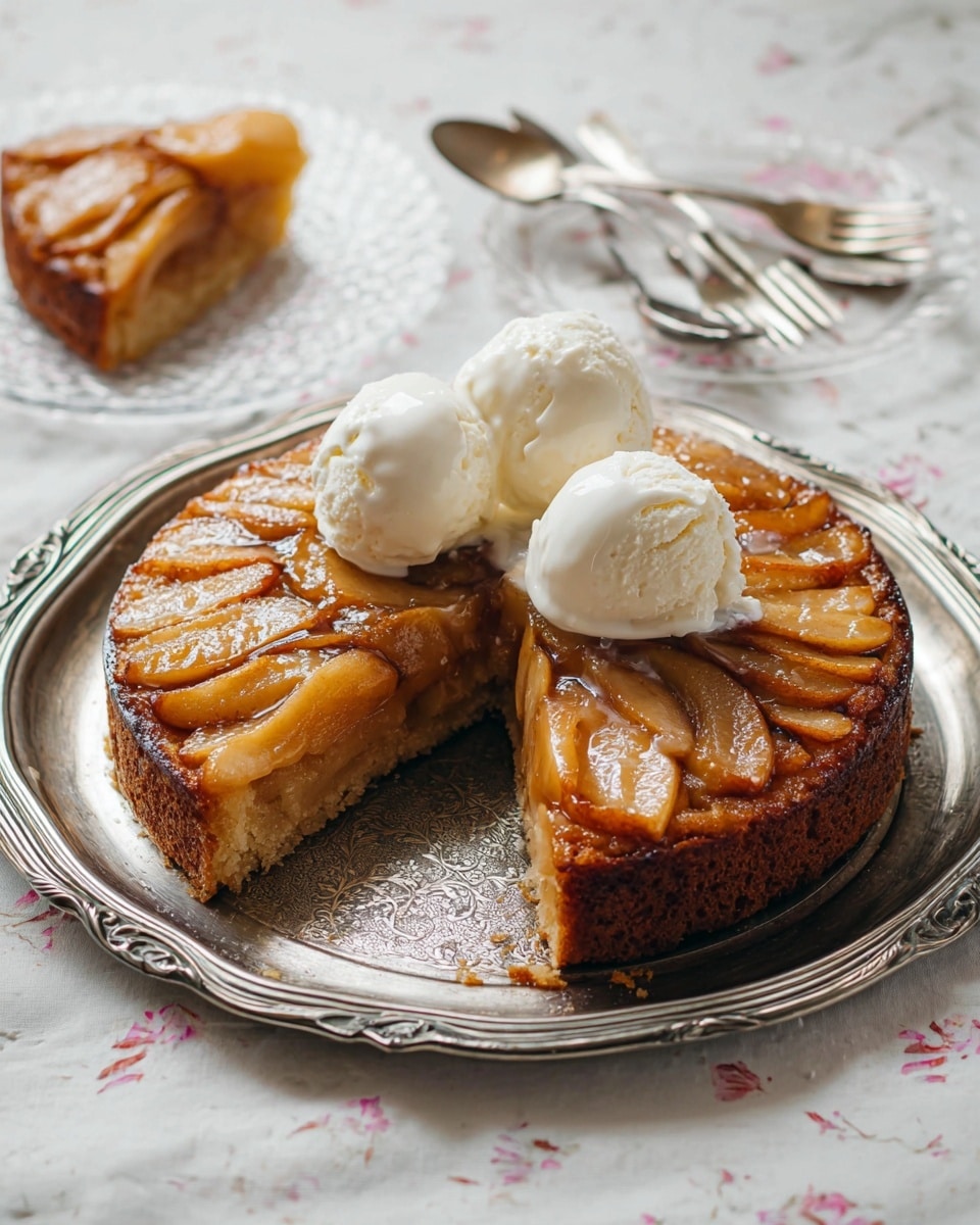 A slice of apple tart sits on a white plate with a textured silver finish, placed on a white marbled texture with faint pink patterns. The tart has two layers: a light brown, soft crumbly base and a shiny caramelized apple topping with golden-brown pieces covered in a glossy glaze. On top of the tart slice rests a round scoop of vanilla ice cream, white with tiny black vanilla seeds visible, melting slightly over the caramel apples. To the right of the slice is a silver fork. In the background, a larger piece of the tart is blurred on a silver tray. photo taken with an iphone --ar 4:5 --v 7