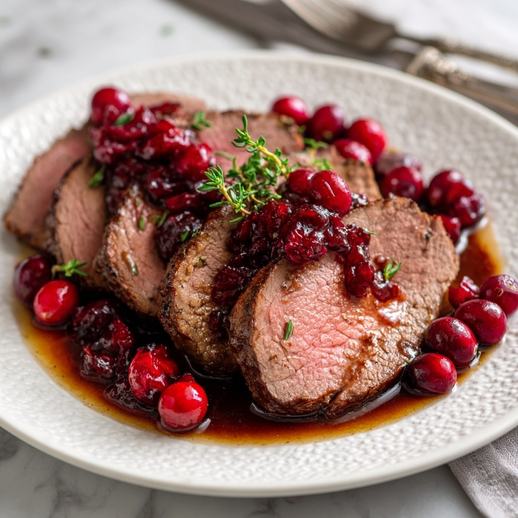 A thick, dark brown roast beef sits in a black pan, covered with a sticky, glossy sauce. Bright red cranberries and fresh green rosemary sprigs are placed on top and around the beef, adding a splash of color. The beef has a charred, crispy outer layer with juicy, tender texture visible along the sides. The sauce pools at the bottom, rich and thick, making the meat look moist and flavorful. The background has a white marbled texture. photo taken with an iphone --ar 4:5 --v 7