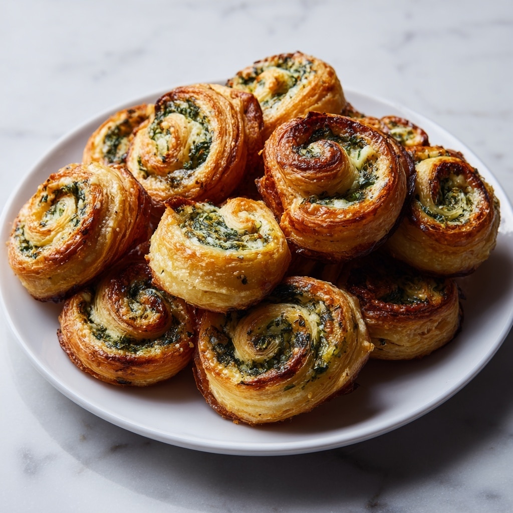 The image shows a white plate filled with about 15 small spiral pinwheel snacks arranged closely together. Each pinwheel has a crisp golden brown outer layer that looks like puff pastry, wrapped around a creamy filling that has green leafy bits and white chunks, likely herbs and cheese. The spirals are tightly wound, showing multiple thin layers of the pastry and filling inside. The plate sits on a white marbled surface. Photo taken with an iphone --ar 4:5 --v 7