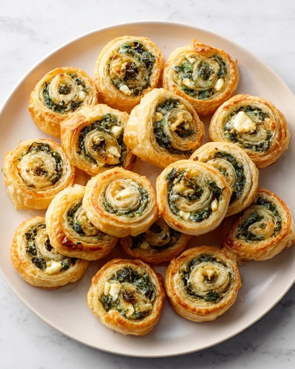 A white plate is filled with small, round pastry spirals stacked in a pile. Each spiral has thin, golden-brown layers of crust on the outside, with a green herb filling inside that looks creamy and soft. The texture of the crust is flaky and crisp, with some spots slightly darker from baking. The green filling is smooth and mixed evenly with the pastry layers. The plate sits on a white marbled surface. Photo taken with an iphone --ar 4:5 --v 7