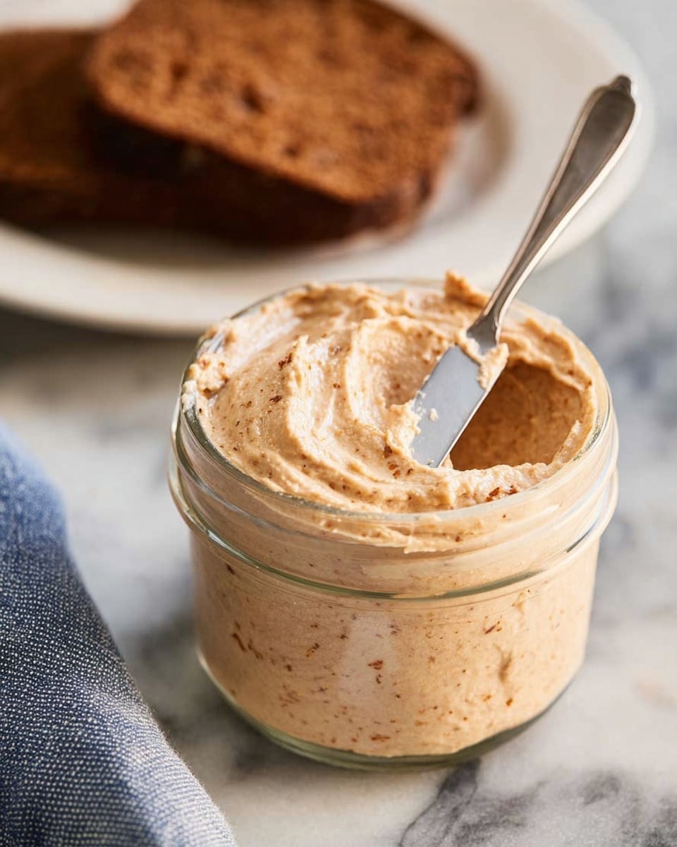 The image shows a small glass jar filled with creamy, light brown spread that has a smooth and slightly whipped texture on top. The jar lid is silver and tilted open beside the jar. In the background, there are slices of brown bread on a white plate and a larger loaf of the same brown bread resting on a white marbled surface. A silver knife lies next to the jar, and a blue and white striped cloth is partially visible beside it. The setting feels cozy and rustic. photo taken with an iphone --ar 4:5 --v 7
