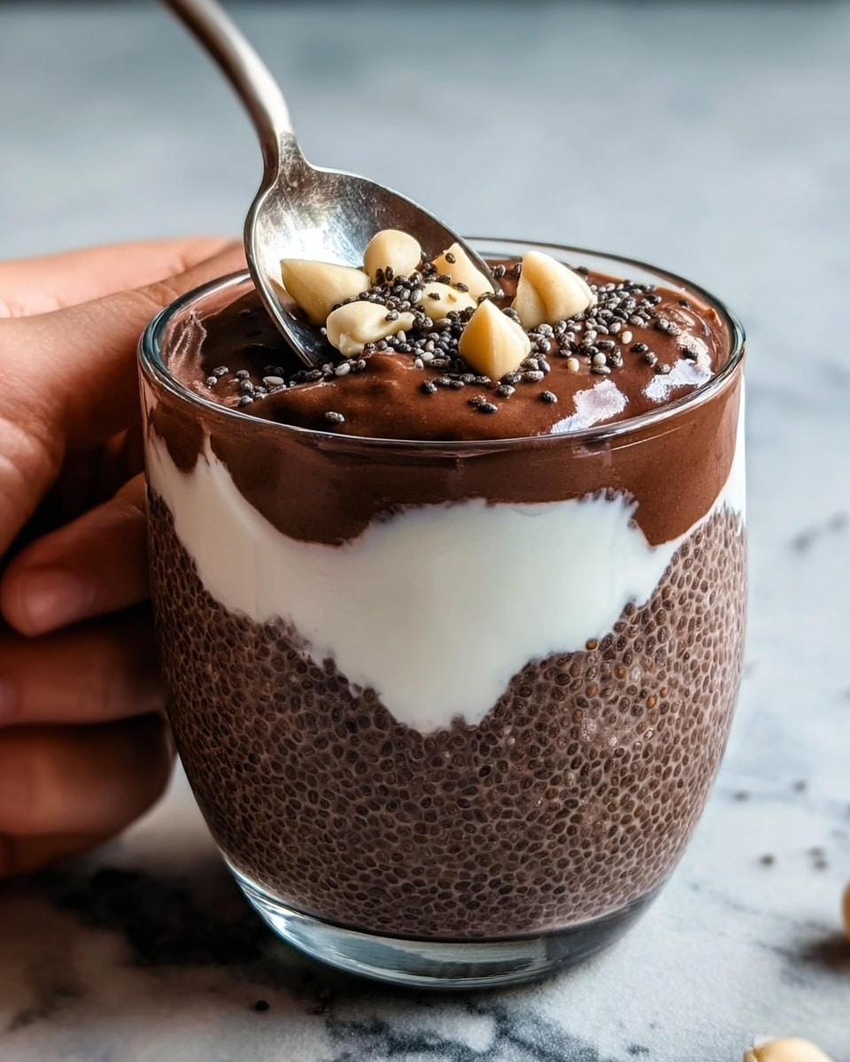 A clear glass filled with three layers: the bottom is a light brown, smooth chia pudding with visible tiny chia seeds; on top is a thick white cream layer, slightly uneven in texture; the cream is topped with two light yellow banana slices placed side by side, with small dark brown chocolate shavings scattered over the cream and fruit, creating a rough texture. The glass is on a white marbled surface with some scattered pieces of banana and chocolate chips around. photo taken with an iphone --ar 4:5 --v 7