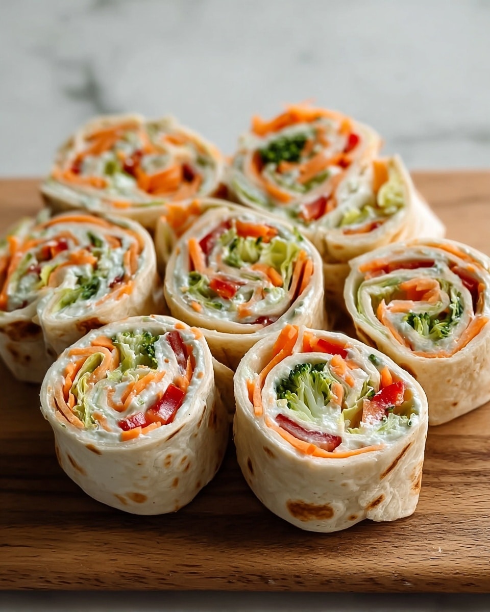 Small round wrap pinwheels are tightly sliced into eight pieces and arranged close together on a wooden board. Each pinwheel has three visible layers: a soft, light beige tortilla on the outside with light brown spots, a thick creamy white cheese spread layer inside, and a colorful mix of thin orange carrot strips, red bell pepper slices, and small green broccoli florets evenly mixed within the cheese layer. The vegetables give a fresh, textured look with bright contrasting colors against the creamy white filling and wrap. The background shows a white marbled texture. Photo taken with an iphone --ar 4:5 --v 7