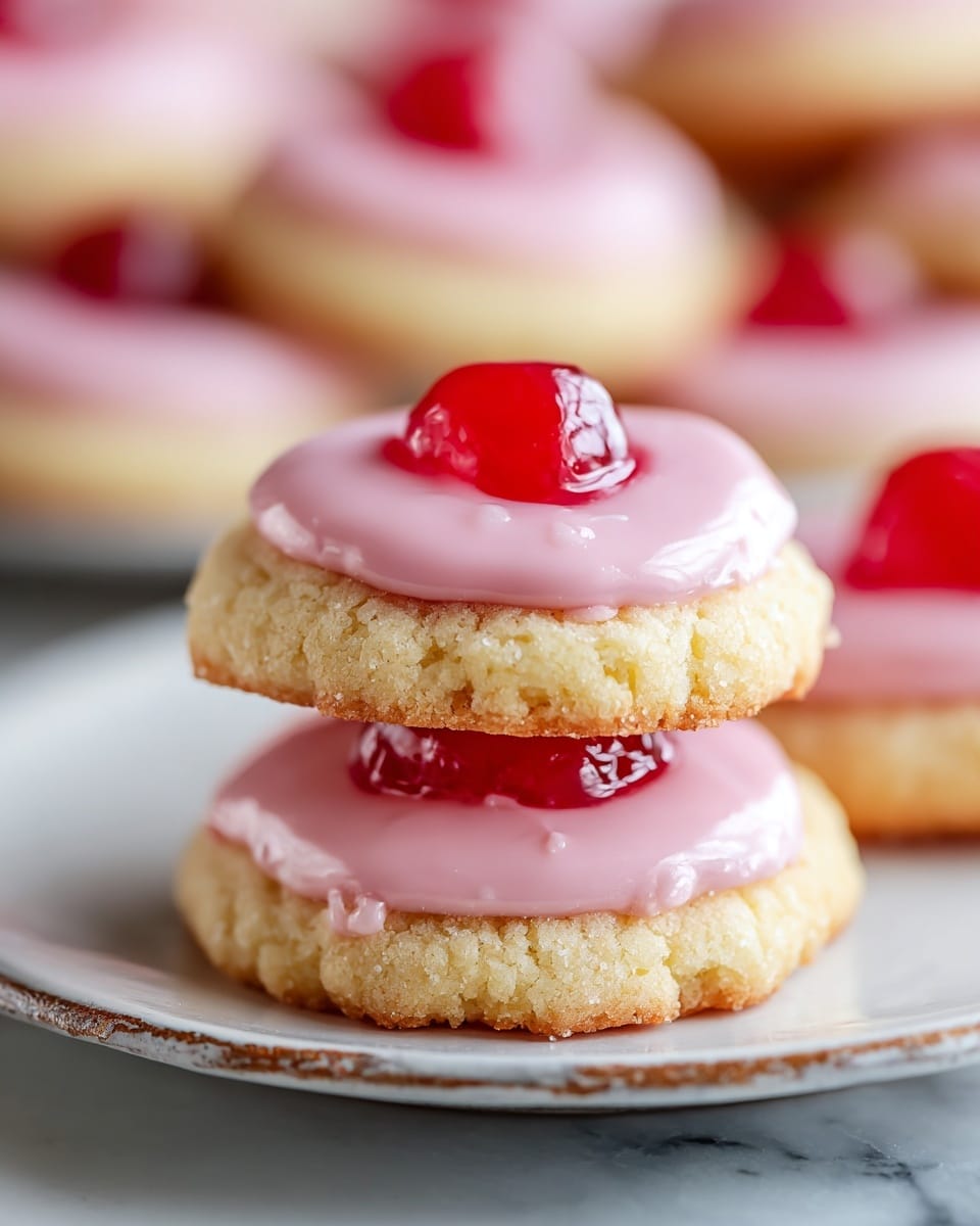 A close-up of a stack of round cookies topped with a smooth, pale pink icing layer and a shiny, bright red cherry placed in the center of each cookie. The cookies themselves are light golden in color with a slightly crumbly texture along the edges. They are arranged on a white plate with a subtle brown speckled pattern, set against a white marbled texture background. The stack shows two cookies clearly visible, one resting slightly above the other, with more cookies blurred in the background. photo taken with an iphone --ar 4:5 --v 7