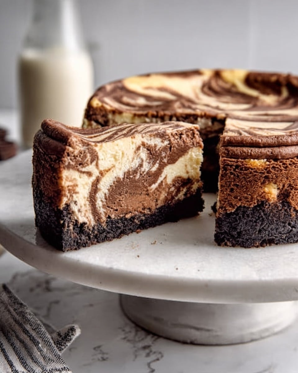 A slice of layered cheesecake stands tall on a white marble cake stand with a white marbled background. The cheesecake has a dark brown chocolate crust as the first layer, followed by a thick creamy white layer of cheesecake mixed with swirls of rich brown chocolate in the middle, and finished with a marbled top layer showing a mix of chocolate and cream. The texture looks smooth and dense, with a moist appearance. A woman's hand reaches toward the slice, while a glass of milk is blurred in the background. photo taken with an iphone --ar 4:5 --v 7