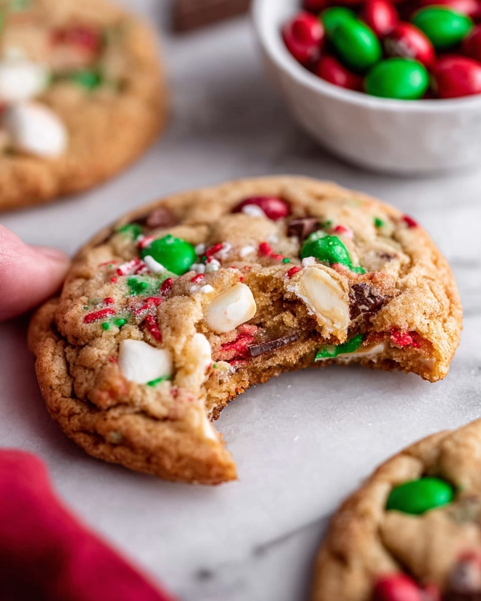 A white plate sits on a white marbled texture background, filled with a stack of about twelve round cookies. Each cookie has a light brown base studded with red and green M&M candies, white chocolate chips, small pretzel pieces, and red and green sprinkles scattered on top. The cookies appear soft and chunky, with colorful bits embedded throughout. Two woman's hands with red nail polish and red sleeves hold the plate on either side. Around the plate on the white marbled surface are a few loose pretzels and three small white bowls filled with pretzels, red and green M&Ms, and white chocolate chips. photo taken with an iphone --ar 4:5 --v 7