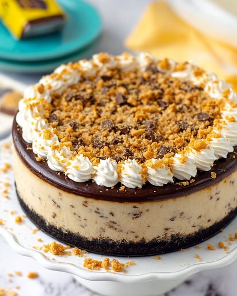 The image shows a slice of a layered cake on a white plate with a yellow and blue rim, placed on a white marbled surface. The cake has four visible layers: the bottom layer is dark and crumbly, likely a chocolate crust; above it is a thick creamy layer with small bits of chocolate or nuts mixed in, light beige in color; on top of that is a smooth, dark chocolate layer; and the cake is finished with whipped cream dollops and sprinkled with golden crunchy bits. In the background, the rest of the cake is visible with the same layers and whipped cream decorations around the edge. Photo taken with an iphone --ar 4:5 --v 7