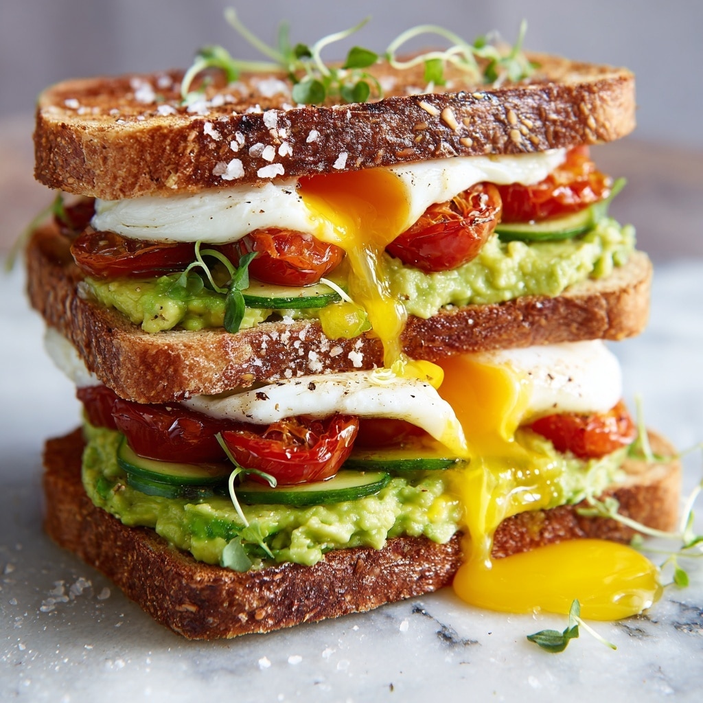 The image shows a sandwich with three main layers on two pieces of golden toasted bread with a rough texture. The bottom layer has a spread of bright green mashed avocado with a creamy texture, topped with thin slices of fresh green cucumber. Above the cucumber, there are roasted red cherry tomatoes with a slightly wrinkled skin. The next layer is a cooked egg with a white, slightly crispy edge and a bright yellow runny yolk spilling out onto the white marbled surface beneath. The sandwich is garnished with small green herb leaves and a sprinkle of coarse salt on the top slice of bread. Photo taken with an iphone --ar 4:5 --v 7