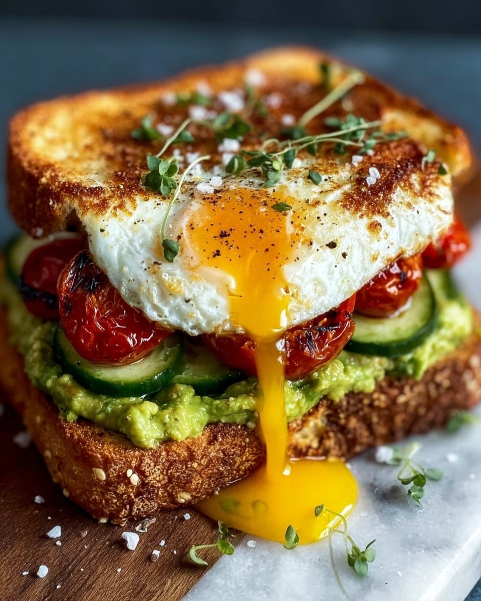 A close-up of a stacked sandwich with three thick slices of toasted golden-brown bread. The bottom slice has melted bright yellow cheddar cheese dripping slightly at the edges. On top of that is a fluffy, cooked egg layer with some black pepper sprinkled. Above the egg are fresh slices of red tomato and green cucumber. The top slice of bread is toasted and garnished with small fresh green herb leaves. The sandwich sits on a wooden board with a blurred white marbled background, and a woman's hand is about to hold it. Photo taken with an iphone --ar 4:5 --v 7