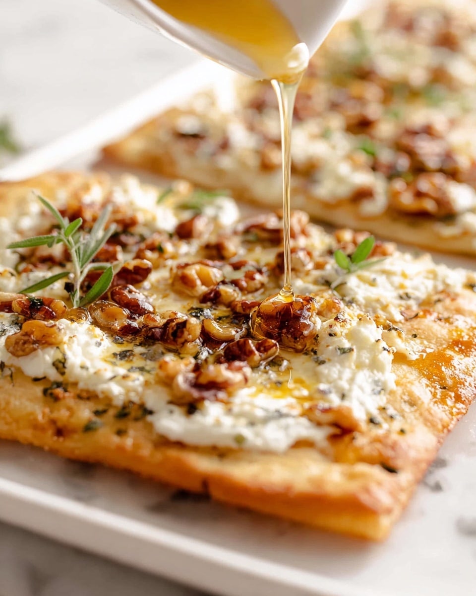 Five long triangular slices of flatbread are laid out on a white marbled surface. Each slice has a thin, light golden crust base with slight charring and a soft texture. The first layer is a thin spread of creamy white cheese. On top, small crumbled pieces of another white cheese are scattered unevenly, mixed with finely chopped green herbs. A light drizzle of melted cheese covers some areas, giving a slightly glossy look. One slice near the middle is decorated with two fresh green sage leaves. The overall color is a mix of creamy white, toasted brown, and fresh green, with a rustic and simple presentation. Photo taken with an iphone --ar 4:5 --v 7