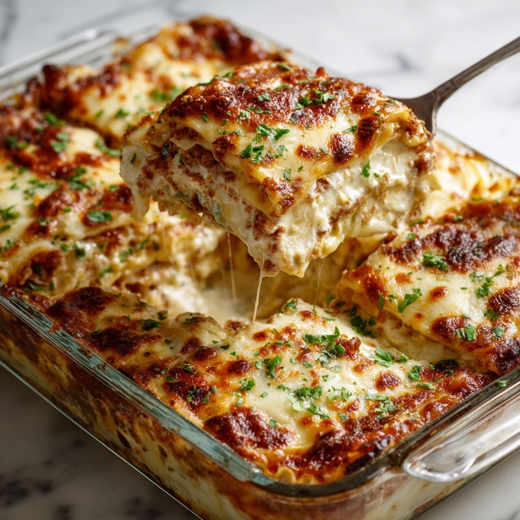 A glass baking dish filled with a baked dish showing a golden brown melted cheese layer on top. Below the cheese, there are visible layers of creamy sauce and pieces of cooked pasta or vegetables, giving a mix of white and light green colors. The dish is placed on a wooden table next to a white and blue striped cloth and a wooden spoon with a blue handle. The background surface is a white marbled texture. photo taken with an iphone --ar 4:5 --v 7