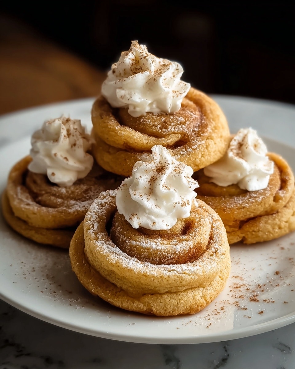 A white plate holds four round, golden-brown cookies with a slightly puffed and soft texture. Each cookie has a swirl of light cream-colored frosting on top, dusted with a fine layer of brown cinnamon or spice powder and powdered sugar. The background shows two white pitchers with wooden spoons inside, all set on a dark surface contrasted by a white marbled texture. Photo taken with an iphone --ar 4:5 --v 7