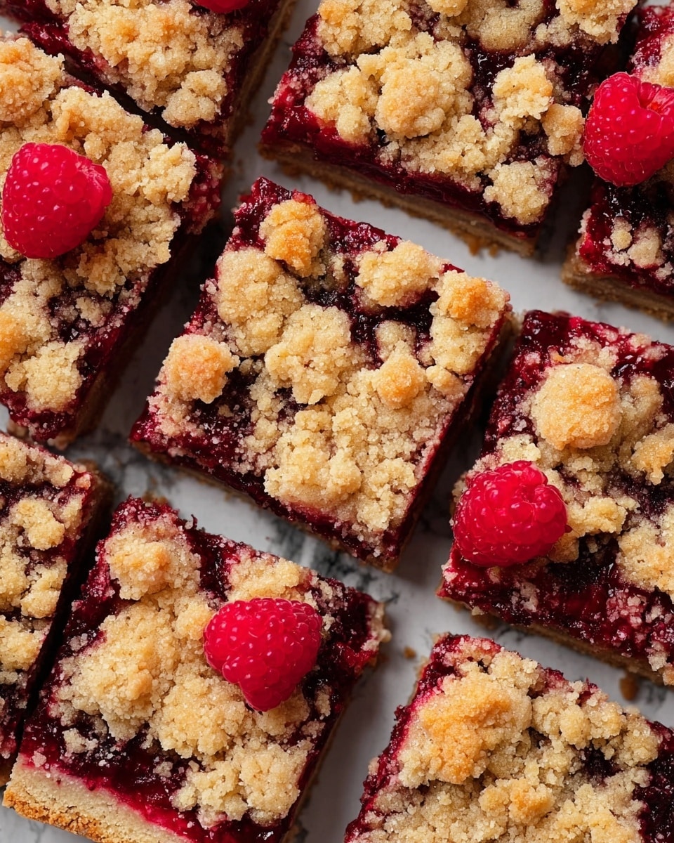 The image shows several square slices of raspberry crumb bars arranged closely together on a white marbled surface. Each bar has three visible layers: a light golden crumbly top layer with chunky pieces, a middle layer of bright red raspberry filling visible through cracks and swirls, and a bottom light brown crust layer. There are a few whole fresh raspberries scattered on top and between the bars, adding a pop of red color and texture. The crumb topping looks rough and crispy, contrasting with the smooth and glossy raspberry layer beneath. Photo taken with an iphone --ar 4:5 --v 7
