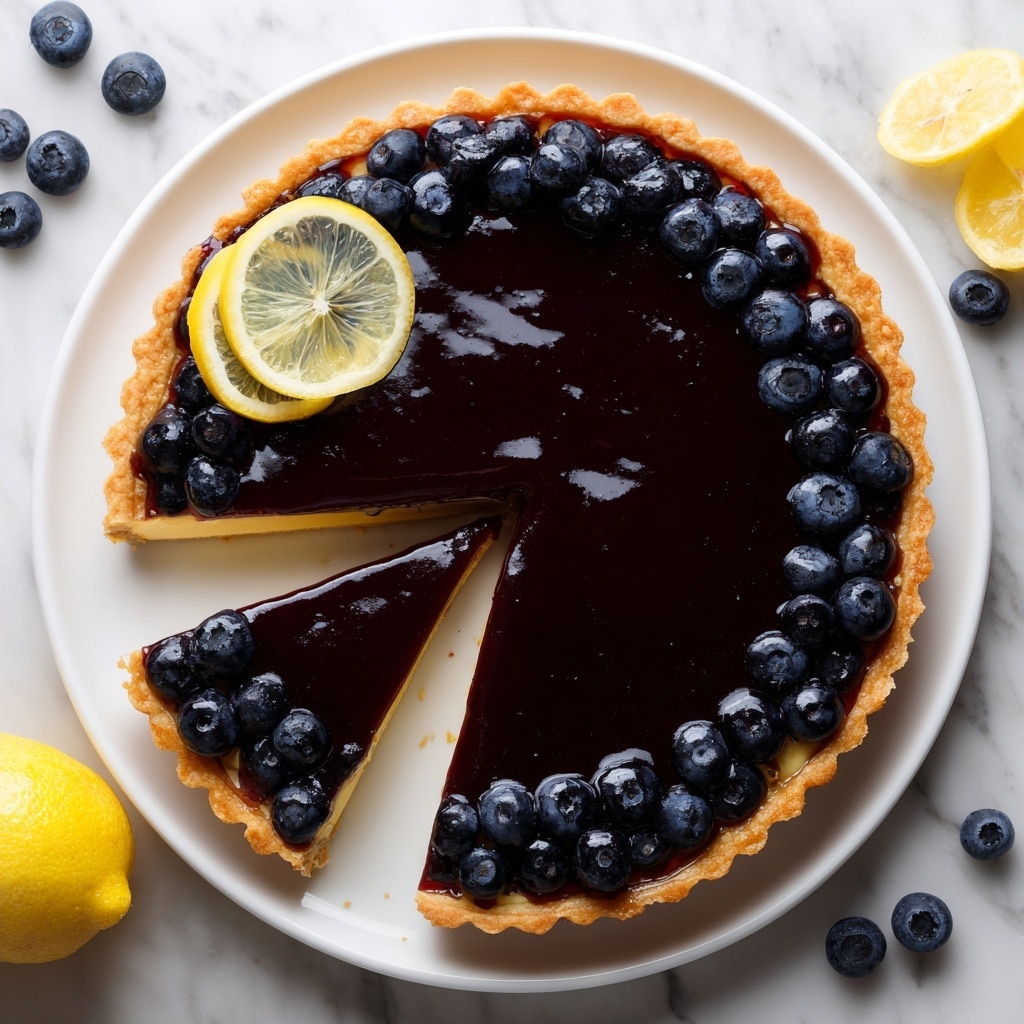 A round tart with a golden brown crust filled with a shiny dark purple blueberry glaze evenly spread on top. There is a ring of whole fresh blueberries placed neatly along the edge inside the crust. One slice is cut out and slightly lifted showing a smooth, creamy pale yellow layer beneath the blueberry topping. A thin lemon slice is placed on the top left side of the tart. The tart is on a white plate set on a white marbled surface with a few scattered blueberries and a lemon wedge nearby. Photo taken with an iphone --ar 4:5 --v 7