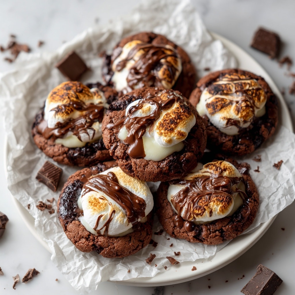 The image shows soft, round chocolate cookies topped with melted white marshmallows swirled with dark chocolate. Each cookie has a textured rich dark brown base with parts of the marshmallow bubbling and blending with the chocolate on top. The cookies are placed on crumpled white parchment paper with scattered cocoa powder and small chocolate chunks around them. The marshmallows have a toasted look and contrast with the deep brown cookie base, while some melted chocolate drips add shine and detail. The background is a white marbled texture. photo taken with an iphone --ar 4:5 --v 7