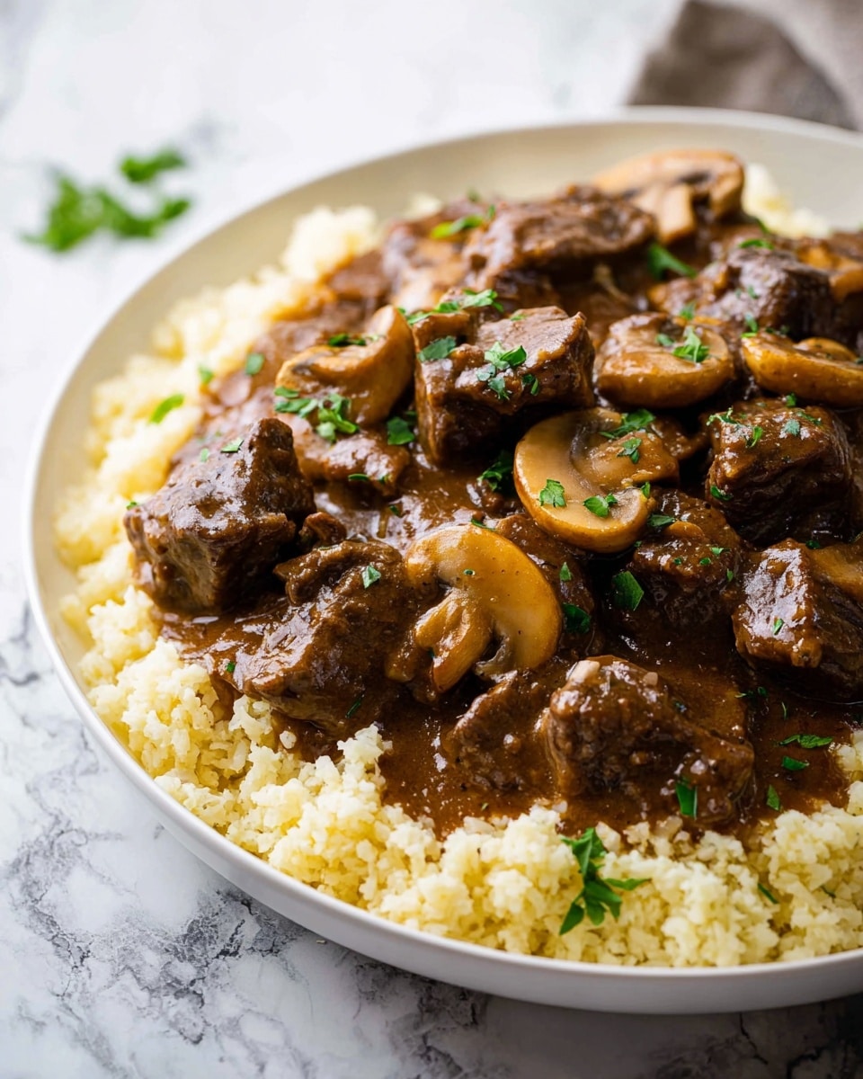 A white bowl filled with a rich brown stew made of visible thick chunks of beef and sliced mushrooms with light beige tops and darker gills, all swimming in a deep brown sauce. Small bits of green herbs are scattered across the surface, resting on the beef and mushrooms adding a fresh touch. The stew has a glossy, slightly oily texture, with pieces of translucent onions also mixed in, showing a hearty and comforting meal. The bowl is placed on a white marbled surface. photo taken with an iphone --ar 4:5 --v 7