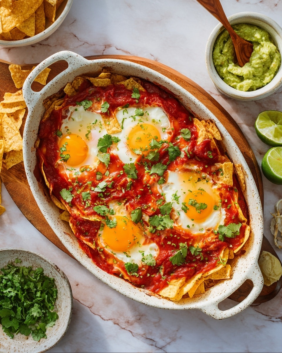 A yellow pan filled with a layered dish starting with a base of orange tortilla chips, topped with melted cheese and five sunny-side-up eggs with bright yellow yolks evenly spaced on top. Scattered over the dish are fresh green avocado chunks and small greens for garnish. Surrounding the pan are bowls and plates on a white marbled surface: a white plate with blue, black, and orange patterns, a white bowl with pale yellow rim holding thinly sliced radishes, a white bowl filled with tortilla chips, a small blue bowl of bright pink pickled onions, a halved avocado, a white bowl with avocado cubes, and a small bowl with red and green salsa. A wooden spoon lies to the right, and a teal cloth is under the pan. photo taken with an iphone --ar 4:5 --v 7