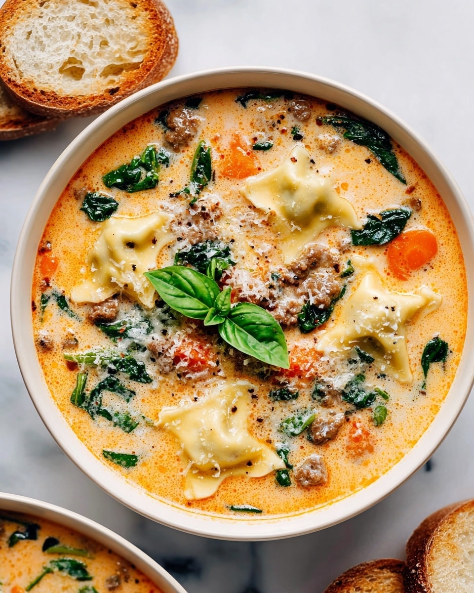 A white pot filled with a rich, red-orange tomato broth, containing several layers of ingredients: round ravioli pasta with crimped edges floating on top, slices of browned sausage and small bits of ground meat scattered throughout, green spinach leaves adding bright contrast, small chunks of tomato, and sprinkled with finely chopped herbs and grated cheese, all sitting on a white marbled surface. photo taken with an iphone --ar 4:5 --v 7