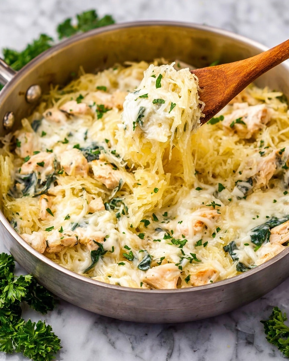 A round silver pan filled with a creamy dish made of shredded pale yellow spaghetti squash mixed with melted white cheese and chunks of light brown cooked chicken. There are scattered dark green leafy spinach pieces throughout, and chopped fresh green herbs sprinkled on top for garnish. A wooden spoon is lifting some of the mixture from the pan, showing the soft, stringy texture of the squash combined with the smooth, gooey cheese and tender chicken. The pan is placed on a white marbled surface with a sprig of green parsley nearby. photo taken with an iphone --ar 4:5 --v 7