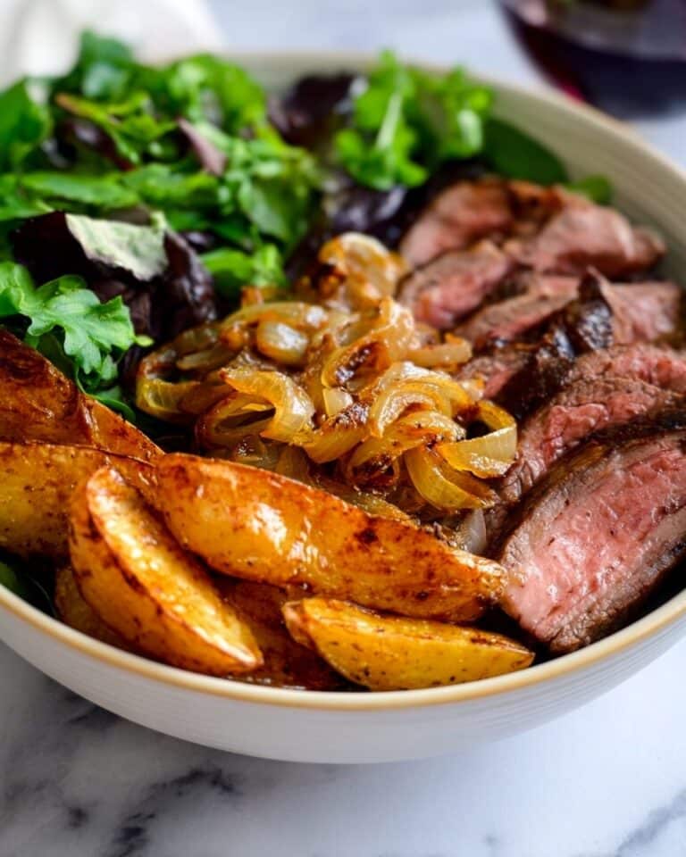 Steak and Potato Bowls with Caramelized Onions and Fresh Greens Recipe