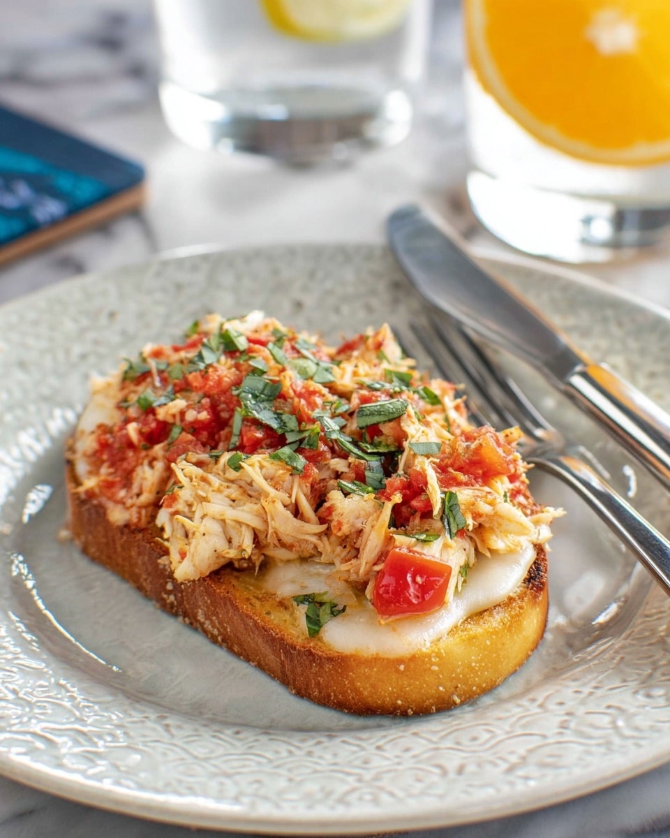 A close-up of a sandwich on a white plate, placed on a white marbled surface, showing three main layers. The bottom layer is toasted bread with melted white cheese that looks soft and gooey. The middle layer has shredded chicken mixed with a tomato sauce, giving it a reddish-orange color with small green herb pieces scattered through it. The top layer is a thick slice of toasted bread with visible herbs baked into the crust, slightly golden brown and crisp. The sandwich is slightly open, showing the layers inside clearly. Photo taken with an iphone --ar 4:5 --v 7
