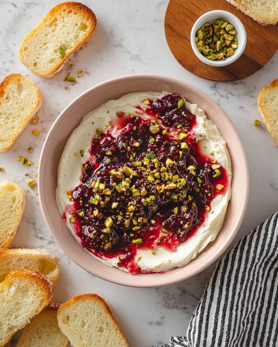 A light pink bowl holds a dip with three main layers: the bottom layer is white and smooth, likely a creamy spread, topped by a generous layer of deep red, glossy berry jam or sauce that looks chunky, and the top layer is sprinkled with small pieces of chopped light brown and green pistachios, giving a crunchy texture. The bowl rests on a white marbled textured surface, with some slices of light golden toasted bread scattered around. A small white bowl with more chopped pistachios sits on a wooden coaster to the upper right, and a black and white striped cloth is folded to the lower right corner. photo taken with an iphone --ar 4:5 --v 7