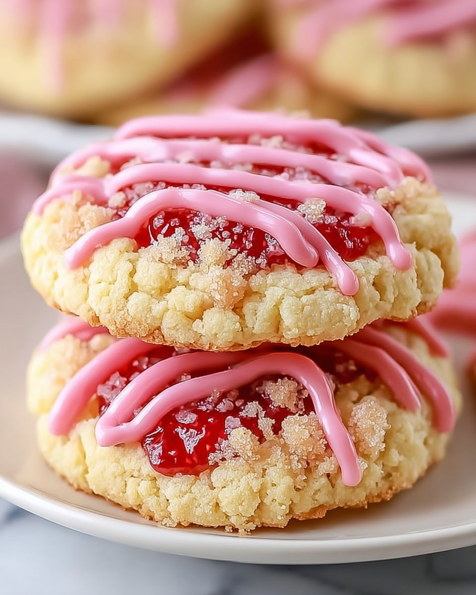 A white plate holds several round cookies with a crumbly golden-brown base layer. On top of this base is a shiny pink jam layer, smooth and evenly spread. Over the jam, there are small crumb pieces scattered lightly, adding texture and a bit of roughness. The final top layer is a drizzle of thick, glossy pink icing applied in diagonal lines across each cookie. The setting features a white marbled surface. photo taken with an iphone --ar 4:5 --v 7