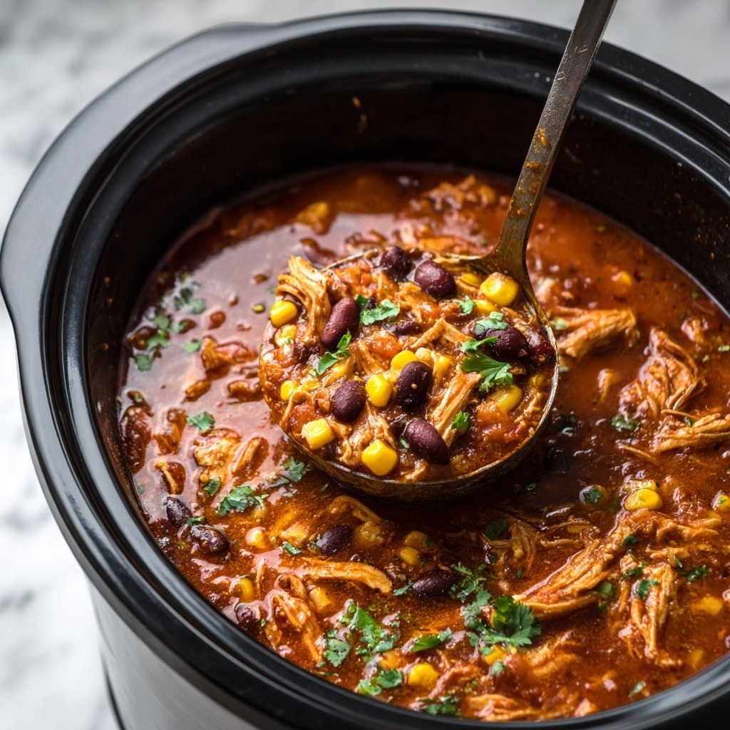 A bowl filled with a thick reddish-brown soup containing visible pieces of yellow corn, black beans, small chunks of green bell pepper, and shredded chicken. On top, there is a layer of light golden, crispy tortilla strips, and a small bunch of bright green cilantro leaves sits in the center as garnish. The bowl is white and placed on a white marbled surface with part of a striped cloth napkin and fresh leafy herbs visible in the background. Photo taken with an iphone --ar 4:5 --v 7