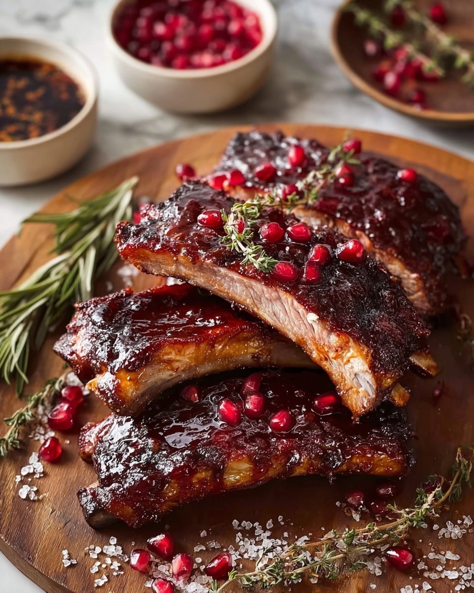 The image shows three layers of glazed ribs stacked on a round wooden board, with a dark brown crust and a glossy coating of sauce. The middle rib is cut to reveal a tender pinkish inside. Scattered bright red pomegranate seeds and small green thyme sprigs top the ribs, adding color contrast. Coarse sea salt crystals are spread around the ribs on the board. To the left, sprigs of rosemary and thyme rest next to the ribs. In the blurred background, two white bowls hold more pomegranate seeds and seeds floating in a dark liquid. The surface under the board is a white marbled texture. photo taken with an iphone --ar 4:5 --v 7