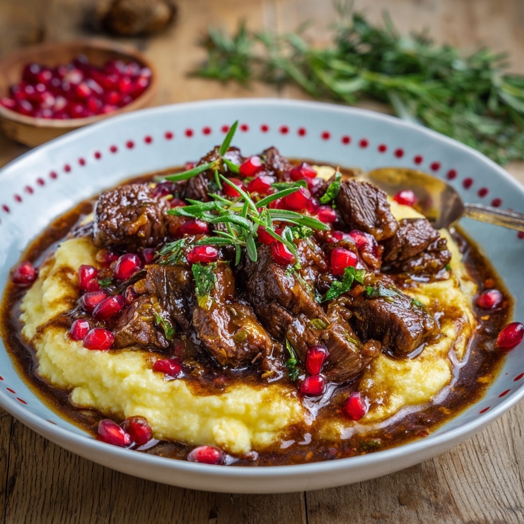 The dish shows a plate with three main layers; the bottom layer is a creamy, pale yellow mashed mixture, spread thickly around the plate's edge. On top of this is a hearty layer of dark brown braised meat chunks, richly textured with visible fibers and a slight shine from the sauce. Scattered over the meat and mash are bright red glossy pomegranate seeds, adding a pop of color, with some green rosemary sprigs placed centrally for garnish. The plate is white with small red dots along the rim, set on a wooden surface with green herb sprigs nearby, and a spoon resting on the mash inside the plate. Photo taken with an iphone --ar 4:5 --v 7