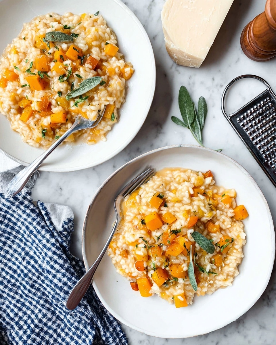 The dish shows a single layer of creamy risotto served in a white plate, with visible small chunks of orange butternut squash scattered evenly. Mixed in are pieces of light pink bacon and small bits of green herbs, likely sage, spread throughout the risotto. The rice grains are plump and coated in a sauce with a slightly glossy texture. A silver fork rests on the left side of the plate, partially stuck in the risotto, with the white marbled surface underneath visible. A few sage leaves and a striped cloth napkin are placed near the bottom right edge of the frame. photo taken with an iphone --ar 4:5 --v 7