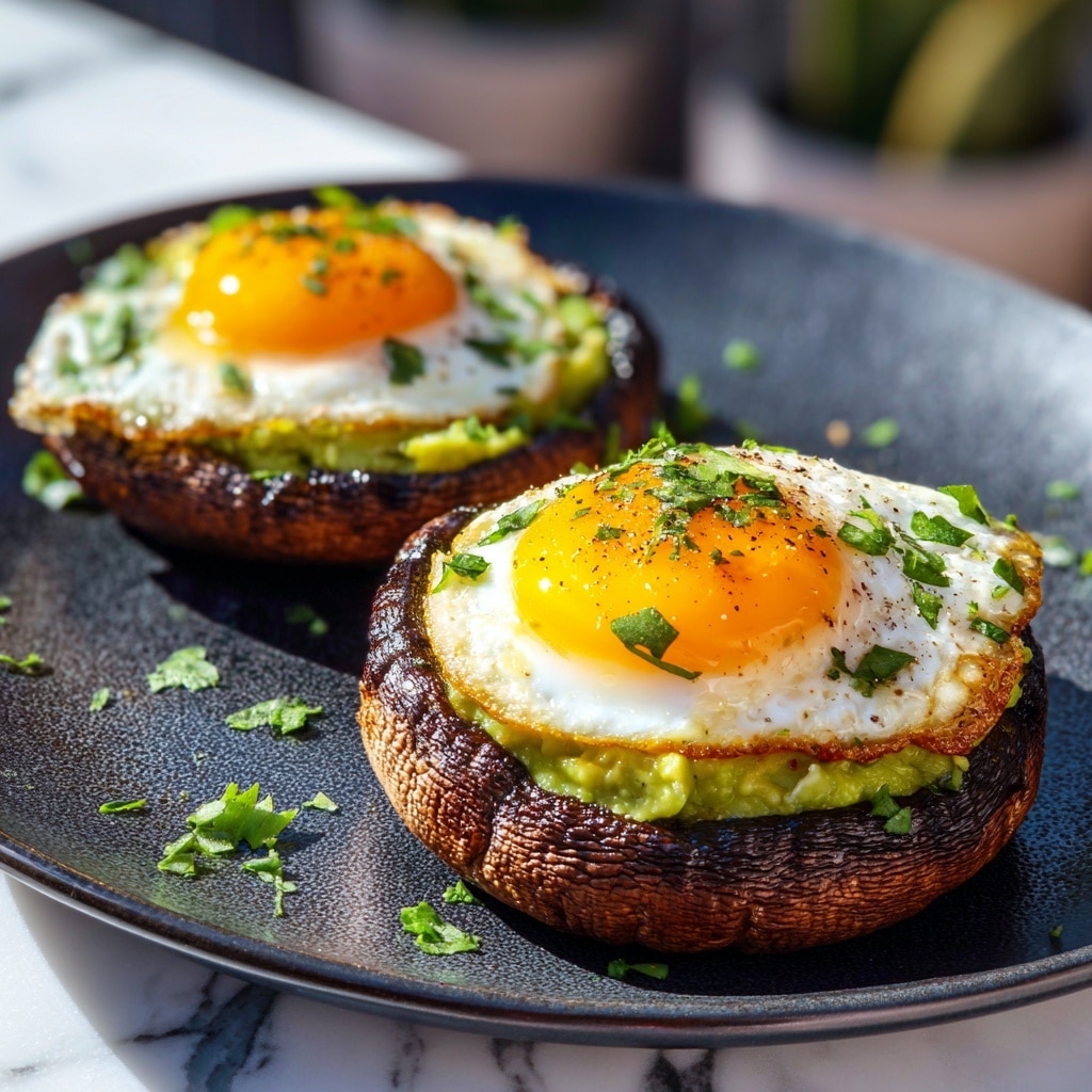 A close-up image shows a dark grilled mushroom cap placed on a white plate, topped with a smooth, bright green mashed avocado layer, and finished with a sunny-side-up egg with a rich, golden yolk in the center. The egg white is cooked with slightly crispy edges, and small chopped green herbs are sprinkled on top and around the dish, adding freshness and color contrast. The background and surface are white marble, enhancing the vibrant colors and textures of the food. Photo taken with an iphone --ar 4:5 --v 7