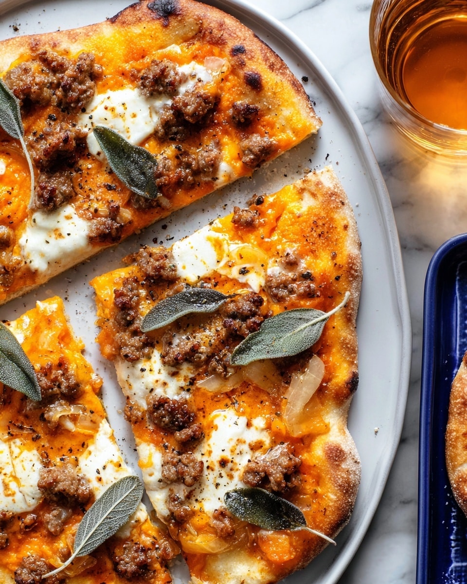 A close-up of a small pizza on a white plate with a rough crust, topped with a bright orange sauce, browned cooked sausage crumbles, caramelized onions, dollops of white creamy cheese, and scattered green sage leaves, all sprinkled with black pepper; the pizza sits on a white marbled surface next to a glass of amber liquid and another similar pizza in the background. photo taken with an iphone --ar 4:5 --v 7
