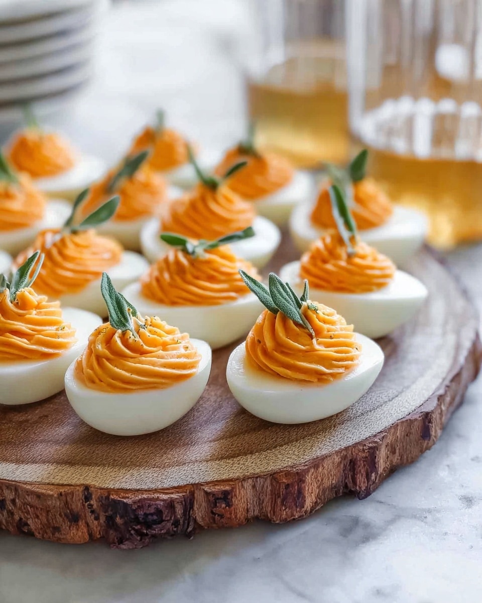 The image shows several halves of hard-boiled eggs arranged closely on a wooden surface, each topped with a thick, swirled layer of bright orange filling that has a smooth, creamy texture. On top of the orange filling, small green herb leaves are placed, adding a fresh touch. The egg whites are bright white with a smooth surface, forming the base layer, while the rich, vivid orange filling makes up the second layer, decorated with the green herbs on top. The background is softly blurred, focusing attention on the eggs. photo taken with an iphone --ar 4:5 --v 7