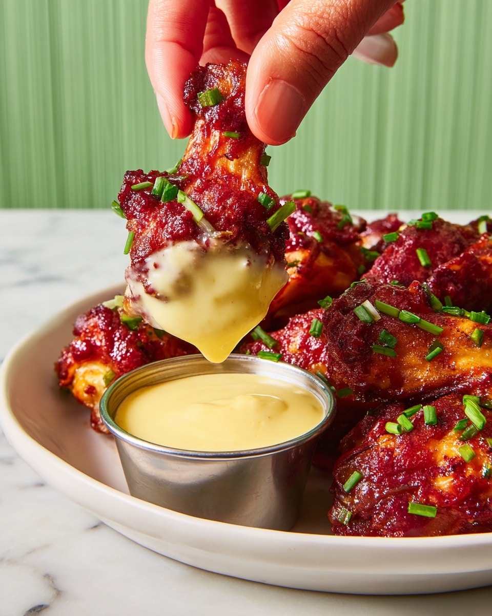 A woman's hand is dipping a piece of bright red, textured chicken wing covered with green chive bits into a thick, creamy yellow sauce in a small metal cup. The wing shows a crispy and saucy surface with darker and lighter red variations. In the background, there is a white plate filled with more chicken wings, all coated evenly with the same red sauce and garnished with scattered small green chive pieces. The scene is set on a white marbled surface with a light green textured backdrop. photo taken with an iphone --ar 4:5 --v 7