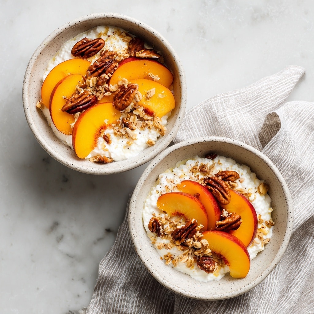 The image shows a bowl filled with white cottage cheese at the bottom, topped with bright orange peach slices placed around the edges and some in the middle. On top of the peaches, there is a sprinkle of crunchy brown granola and several whole pecan nuts scattered around. The bowl is white with small dark speckles, and it sits on a white marbled surface with a textured white cloth and a gray-striped cloth nearby. A woman's hand is gently holding the edge of the bowl. Photo taken with an iphone --ar 4:5 --v 7
