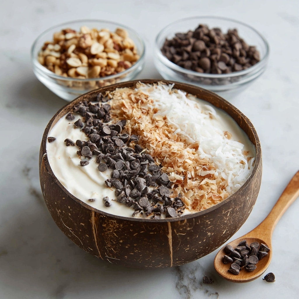 The image shows a coconut bowl filled with three distinct layers. The bottom layer is a creamy white base, topped on one side with a generous layer of light brown crushed nuts, and on the opposite side with small dark brown chocolate chips, some scattered on the white marbled surface around the bowl. Behind the bowl, there are two clear bowls; one filled with crushed nuts, and the other filled with chocolate chips. Next to the coconut bowl is a wooden spoon on the same white marbled texture. Photo taken with an iphone --ar 4:5 --v 7