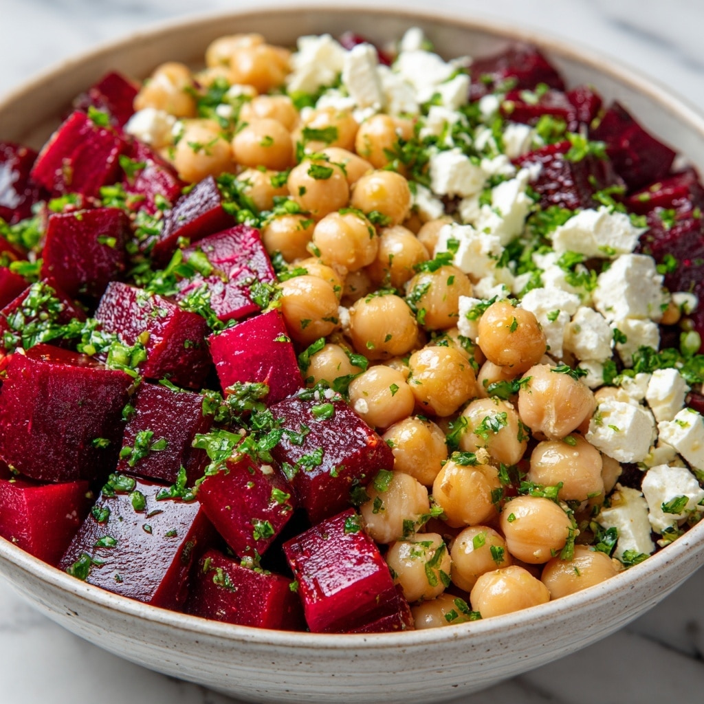 A close-up image of a black bowl filled with a layered salad resting on a white marbled surface, showing chunks of deep red roasted beets mixed with creamy white crumbled cheese and round golden chickpeas scattered on top. The salad is sprinkled with finely chopped green herbs. The textures vary from soft and crumbly cheese to firm, juicy beets and smooth chickpeas, all contrasting vividly against the dark bowl. Photo taken with an iphone --ar 4:5 --v 7