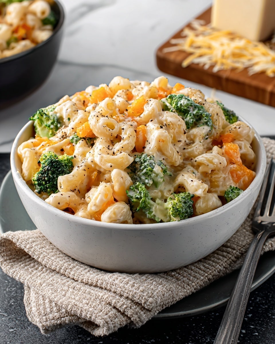 A white rectangular dish filled with creamy baked macaroni and cheese mixed with bright green broccoli florets. The top layer is golden brown and crispy, with melted cheese stretching as a wooden spoon lifts a portion from the dish. The macaroni is tubular and soft, coated in rich, gooey cheese sauce with bubbling, slightly browned spots from baking. The broccoli pieces are scattered evenly throughout, adding texture and a fresh green color contrast. The dish sits on a white marbled surface. photo taken with an iphone --ar 4:5 --v 7