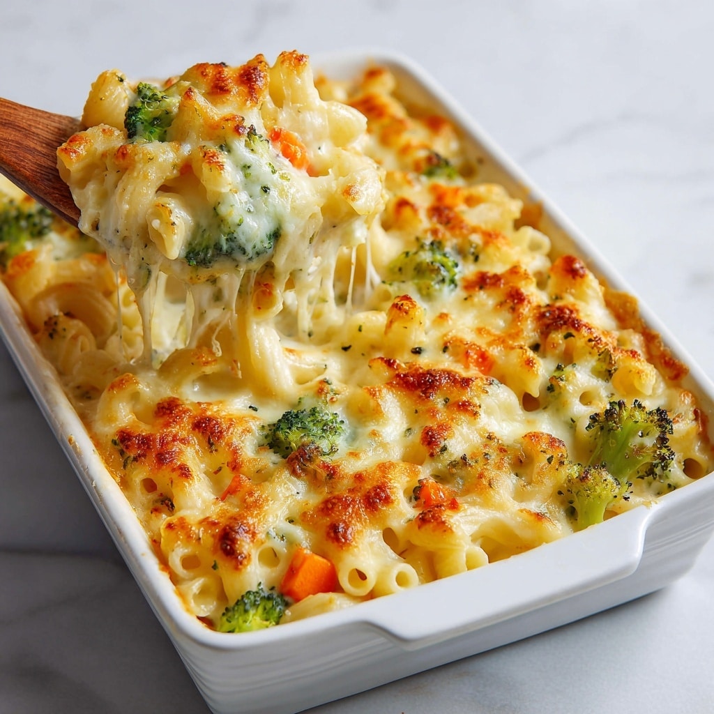 A white bowl filled with three layers of food is stacked on a white bowl beneath it, sitting on a gray surface beside a fork wrapped in a beige cloth napkin. The top layer is a creamy cheesy sauce covering elbow macaroni pasta, mixed with green broccoli florets and small orange carrot chunks. The cheese sauce is slightly browned in spots, with black pepper sprinkled on top, giving a textured look. The background shows a white marbled surface with a block of cheese and some shredded cheese in the corner, and a wooden cutting board partly visible at the top right. Photo taken with an iphone --ar 4:5 --v 7